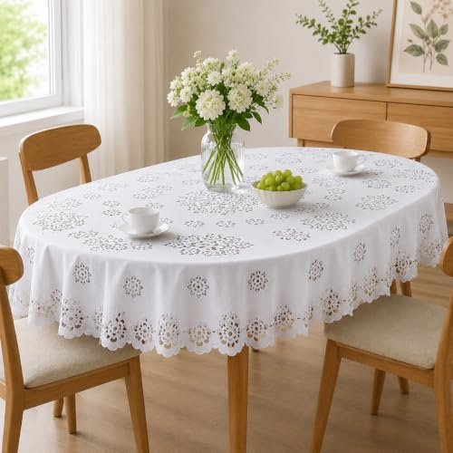 MforStyle ovale Tischdecke, weiß, groß oder mittelgroß, Premium-Qualität, Polyester, weiß, 55 x 87 (140 x 220cm) OVAL
