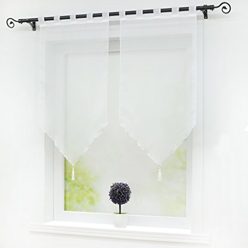 Joyswahl Scheibengardine Voile Bistrogardinen mit Quaste Weiß Schlaufen | BxH 45x90cm, Panneaux 2 Stück, Fenstergardinen Einfarbig, Melina Kurzstore landhaus, Küchengardine Transparent, Kleinfenster