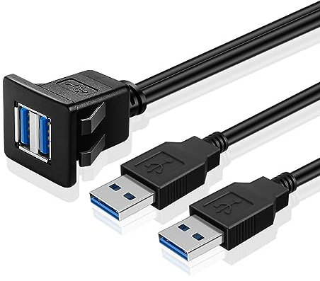 TNP Dual USB 3.0 Flush Mount Cable w/Buckle (Square)- Dashboard Panel Dash Mount 2 Ports Dual USB Socket Plug Jack Connector Extension Wire Cord Water Resistant Male to Female (1.8M / 6FT)
