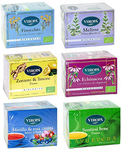 Viropa - Pacchetto BENESSERE - Assortimento di 6 confezioni di infusi e tisane da 15 filtri ciascuna: Ayurveda, Finocchio, Melissa, Zenzero e Limone, Echinacea, Mirtillo e Rosa Canina