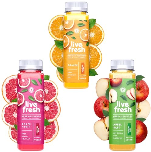LiveFresh Frühstückssaft Probierpaket – 12x250ml – Direktsaft Orange Grapefruit & Bodensee Apfel – Ohne Zusätze – Nicht erhitzt – In Deutschland hergestellt