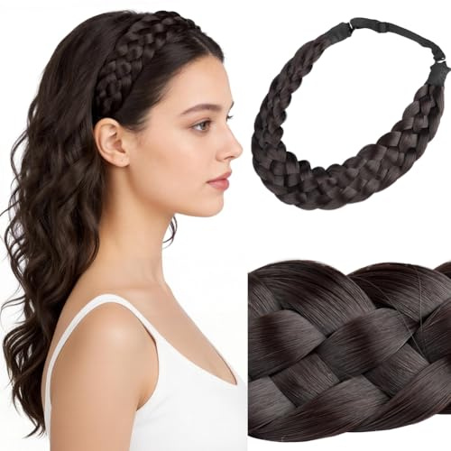 BOBIYA 5 Strang Synthetische Haar Geflochtenes Stirnband Klassische Chunky Wide Geflochtene Zöpfe Elastische Stretch Haarteil für Frauen Mädchen (schokolade)