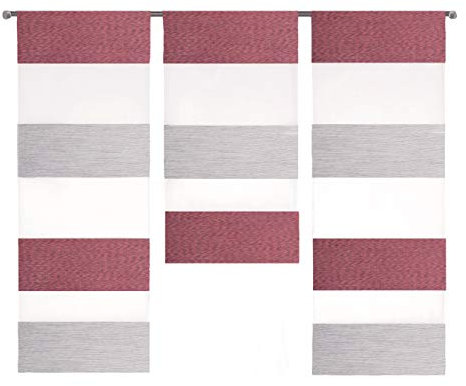 Home Design Mini Flächenvorhang Set rot grau 2280-09 | 3 Teile | Scheibengardine Gesamtbreite 90cm (3x30cm) Höhe 80/60/80cm