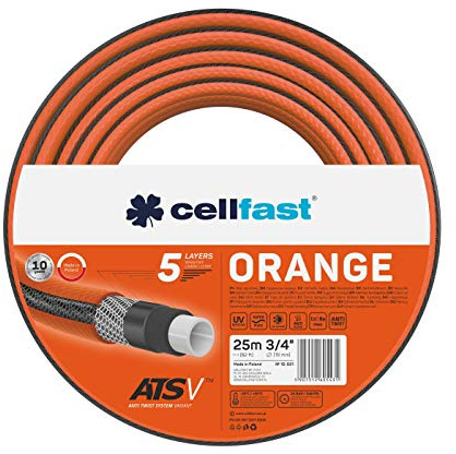 CELLFAST ORANGE ATSV™ Gartenschlauch 5-Lagen, 3/4 25 m, UV-beständig | Wasserschlauch mit Trikotgewebe, 5-Lagen-Schlauch, UV-stabil, 24 bar Berstdruck, für Gartenbewässerung