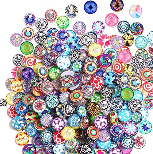 Litensh Lot de 200 cabochons en verre décoratifs en granulés, perles rondes colorées décoratives à dos plat pour vase demi rond en forme de pépites de mosaïque imprimées, bricolage pour la maison