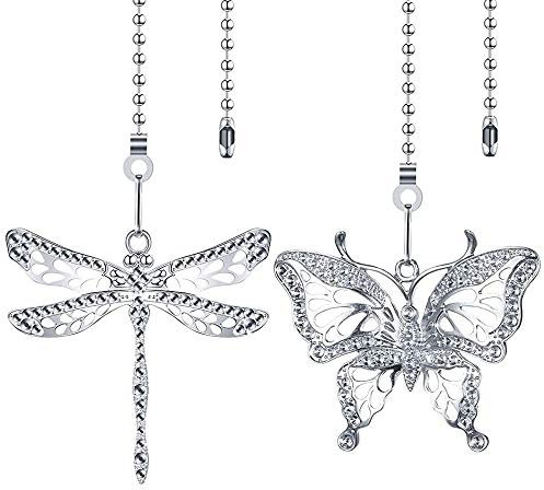 Dotlite 2Pack Dragonfly and Butterfly Ceiling Fan Pull Chain, 14inch Silver 3mm Beaded Light Core Extender Pendant Ornaments Extension Decoration with Connector
