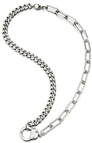 COOLSTEELANDBEYOND Herren Damen Edelstahl Handschellen Halskette Gliederkette Panzerkette Silber Farbe Hip Hop Collier, 47CM, Punk Rock