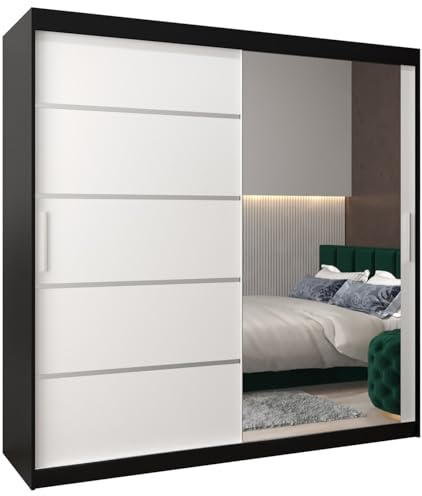 MEBLE KRYSPOL Kleiderschrank mit Spiegel Verona 2 - Garderobenschrank - Schrank Schlafzimmer - Mehrzweckschrank Zwei Schiebetüren - Regalen - Flur Möbel - Kleiderstange Schrank - Allzweckschrank