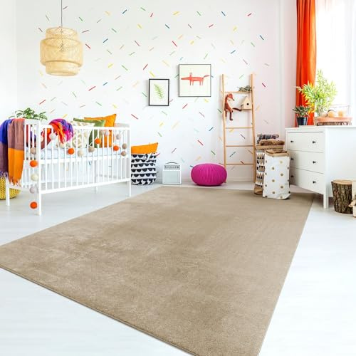 TT Home Teppich Kinderzimmer Waschbar rutschfest Kinderteppich Junge Mädchen Weich Pastell, Farbe: Dunkelbeige, Größe:160 cm Rund