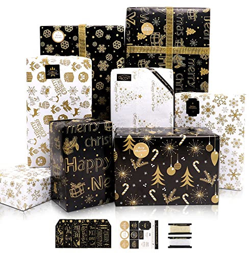 Geschenkpapier Weihnachten, 6 Blatt Gold und Schwarz Weihnachtspapier Set mit Aufklebern Anhänger und Schleife, Schneeflocke-Muster Weihnachten Geschenkpapier für Geschenkverpackung, 70x50CM