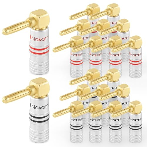 Nakamichi 24K vergoldeter Bananenstecker 12-18 AWG Gauge Größe 4mm für Lautsprecher Verstärker Hi-Fi AV Receiver Stereo Heimkino Audiokabel Stecker (20 Stück (10-Paar), Rechtwinkliger Stecker)