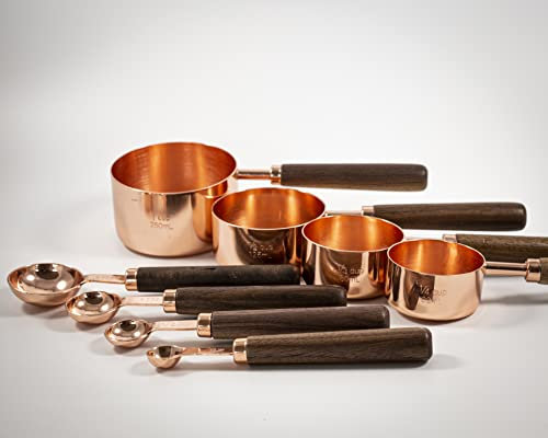 Lot de 8 cuillères à mesurer et tasses en bois - Ustensiles de cuisine personnalisés - Cuillères à mesurer et tasses - Or rose - Outils de cuisson gravés