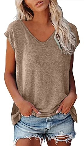 L9WEI Camiseta de manga corta para mujer, cuello de pico, color liso, manga corta, para verano, cómoda, caqui, L