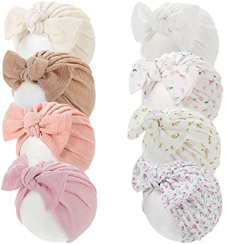 Yili Maizi Baby Turban Neugeborene Krankenhaus Hut Baumwolle Kleinkind Kinderzimmer Beanie Headwrap Bohemia Big Hair Bow Knotted Headwrap, Style 07 Mütze mit Schleife, 8 Stück, 3 Jahre