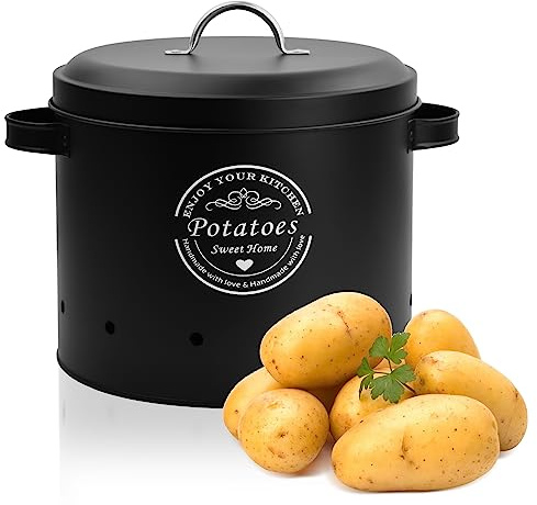 Fangehong 1 Pcs Kartoffel, Zwiebel, Knoblauch Aufbewahrung, kartoffelaufbewarung, Metal Aufbewahrungsboxen Küche, Gemüse Vorratsdose mit Deckel (Kartoffel Schwarz)