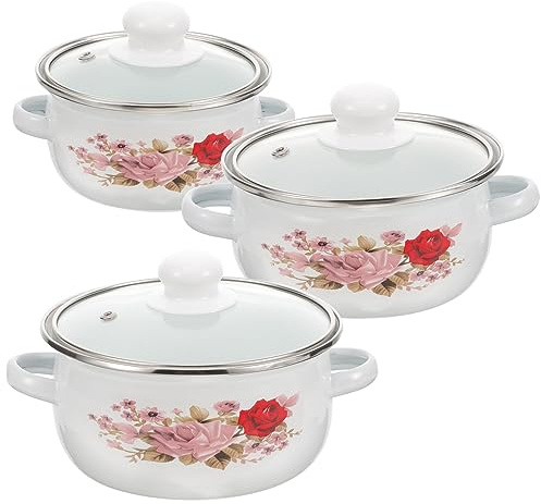 Yardwe 3pcs Enamel Stock Pot with Lid Double-Handle Portable Stew Pot for Home Cooking, Heated Evenly with Smooth Design and Beautiful Delicate Pattern Style