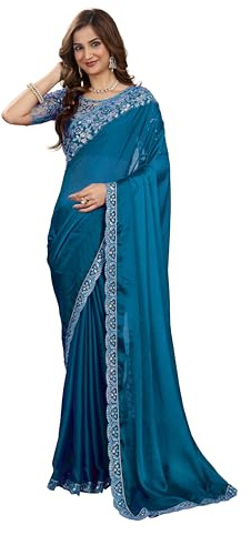 TRENDMALLS Women's Silk Embroidered Heavy Border Saree with Unstitched Designer Blouse Piece (K998-Morpeach)