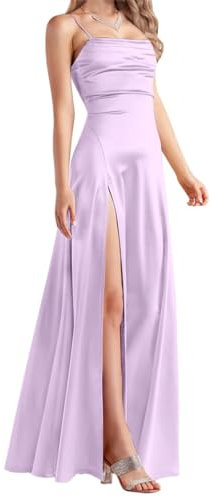 Damen Satin Brautjungfernkleider Lang mit Schlitz Formelles Abendkleid, Flieder, 40