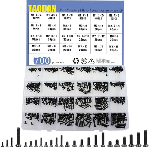 TAODAN 700PCS Self Tapping Electronic Screw Miniature Screw Black Plated Phillips Flathead Screw Set M1.4 M1.7 M2 M2.5 M3 Compatible with Dell and HP Computer