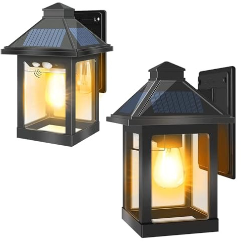 Moman SW2 Farolas Solares Exterior Vintage con Sensor de Movimiento 3 Modos Impermeable IP65 Aplique Solar Exterior para Jardin Patio (SW, 2Pcs)
