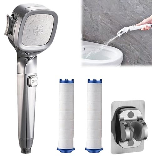 4-Mode Handheld Pressurized Shower Head with On/Off Switch Button, Showerhead with Handheld Sprayer Combo, Water Saving Shower Heads High Pressure, with 4Pcs Filters (Silver)