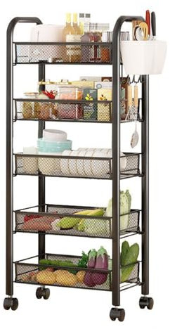 Haloppe Carro de Almacenamiento para cestas Frutas y Verduras 5 Niveles, Estante Organizador Cocina Alambre metálico con Ruedas 360 ​​Grados, contenedores apilables, Cajas Colgantes Negro 5 Capas