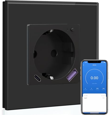 BSEED Wlan Schuko Steckdose mit USB C 20W Schnellladegerät,Smart Wifi Steckdose Unterputz mit Strommessung,Arbeit mit Alexa/Google Home,Stromzähler für Wandsteckdose mit Smart Life App,1 Fach Schwarz