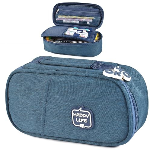 UieaMsio Federmäppchen, Große Kapazität Federmäppchen,Mäppchen Reißverschluss,Erweiterbar Mäppchen, Pencil Case Briefpapier Pouch für Mädchen, Junge, Teenage Stationery Organizer Bag (Marineblau)