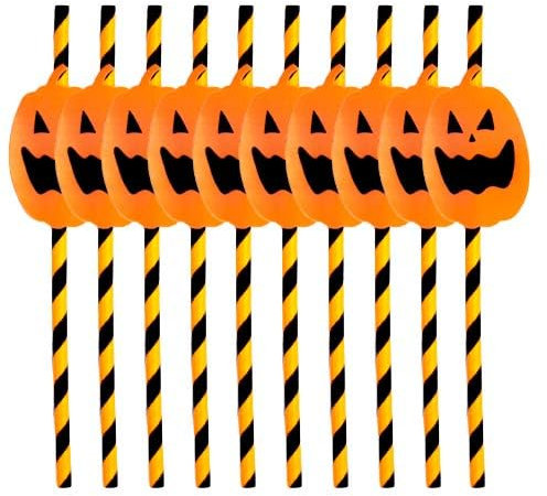 20 Pcs Halloween Straws Paper with Recycled Drinking Black & Orange Stripes Straws with Attached Pumpkin Decorations for Halloween Party Outdoor Picnics, Biodegradable