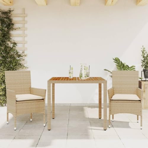 Homgoday Gartenmöbel-Set 3-teilig mit Kissen Beige Polyrattan Akazie, Gartenmöbel, Tisch und Gartenstühle Outdoor Set Modell 3278681