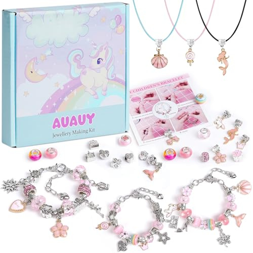 AUAUY Färgglada kristallpärlor DIY armband-Rosa, med färglåda | Present för flickor 5-12 år gammalt barn, Berlocksarmbandstillverkningskit, Smycketillverkningssats för tjejer