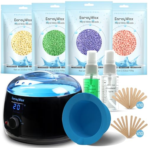 EarayWax Waxing Kit for Women Men, Wax Warmer Hair Removal at Home with Hard Wax Beads & Silicone Pot, Suitable for Sensitive Skin Brazilian Bikini, Facial, Underarms, Legs, Full body