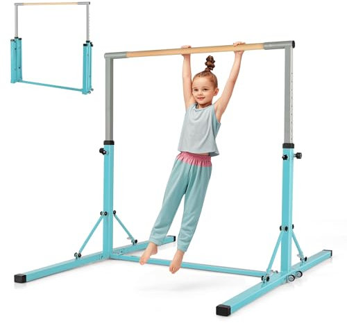 GYMAX Kids Gymnastics Bars, 13-Level Height Adjustable Horizontal Kip Bar with Wheels & Non-slip Feet, Folding Junior Pull-up Training Bars Gymnastics Equipment for Home Gym Garden (Green)
