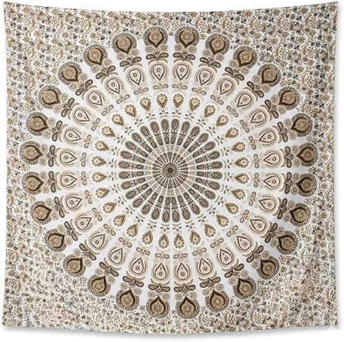 FURNISHFUL FINESSE Mandala Wandteppich Golden Wandbehang Wandteppiche Boho Pfau Wandtuch für Dekor Zuhause und Wohnzimmer– 76 x 102 cm