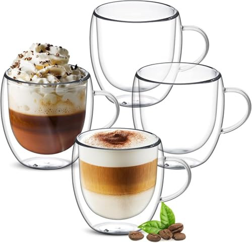 Doppelwandige Kaffeegläser 4er Set 250ml, Teegläser Kaffeegläser Latte Macchiato Tassen, Espressotassen mit Griff, Espresso Gläser, Hitzebeständige Kaffeetassen Trinkgläser aus Borosilikat-Glas