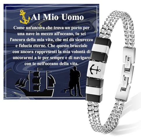 FANCIBAND Regalo Fidanzato Marito per Lui, Bracciale Uomo Acciaio Inox Doppio con Ancora Portafortuna, Regalo di Coppia Anniversario Compleanno San Valentino Matrimonio Natale