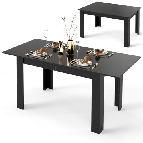 COSTWAY Extendable Dining Table, 120-158cm Large Kitchen Table with Adjustable Tabletop & L-shaped Legs for 6-8 People, Wooden Dinner Desk for Home Restaurant, 110 KG Load Capacity (Black)