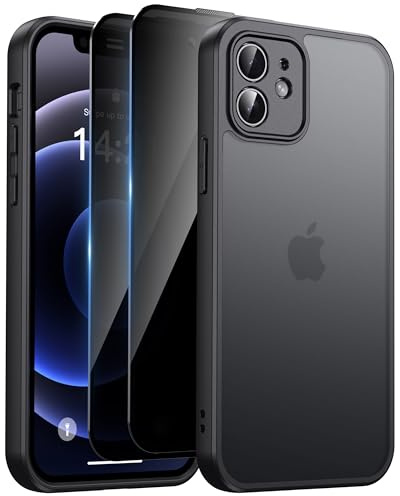 HeIssitot Matt Handyhülle für iPhone 12 Hülle und 2 Stück Sichtschutz Schutzfolie, [Kameraschutz] [Militärstandard] Durchscheinende PC Rückseite TPU Bumper Schutzhülle für iPhone 12, Schwarz