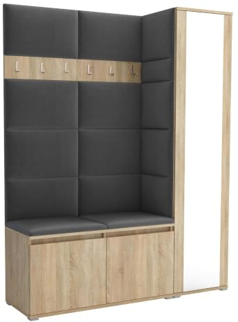 Brent - Garderobenschrank Flur Sonoma Eiche mit sitzbank 145 cm Breit Luton 7 - Multifunktionale Flurgarderobe Set mit Stauraum und Wandpaneel, Garderobe mit Sitzfläche und Kleiderhaken
