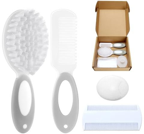 Baby Hair Brush and Comb Set, 4Pcs Baby Soft Bristles Brush Cradle Cap Brush Hair Comb for Newborns Toddlers Boys Girls (Grey)