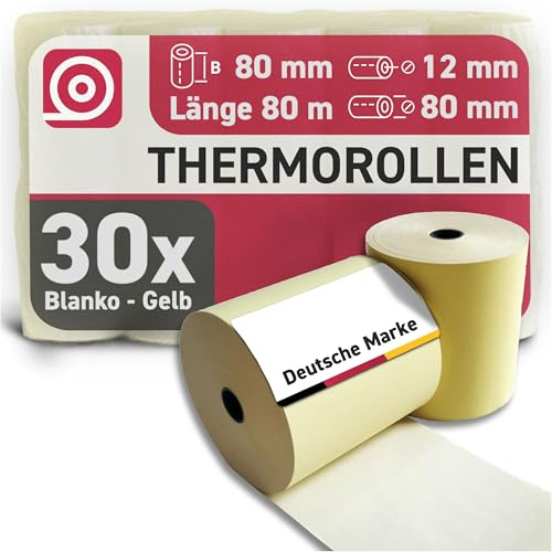 GEBONGT24 gelbe Thermorollen 80 mm x 80 m x 12 mm, BPA-frei, 55 g/m², langlebig & FSC-zertifiziert – für Bondrucker, EC-Geräte & POS – ideal für Wäschereien, Parkscheine, Events & Werbung