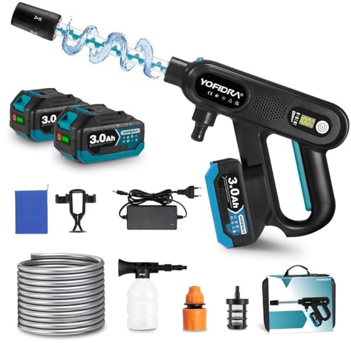YOFIDRA Akku Hochdruckreiniger, mit Akku 18V Max 500Bar Tragbarer Kabelloser Hochdruckreiniger mit 2 Batterien und 5M Schlauch für Auto