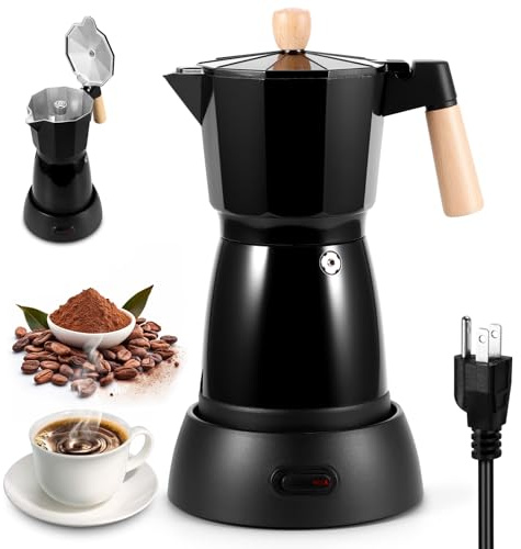 SHANGSKY Coffee Pot Electric Coffe Maker 6 Cup, Espresso Coffee Maker Cafeteras Electricas Italian Coffee Pot Espresso Makers Portable Aluminum Electric Mocha Pots (Wooden Handle,US 3-pin Plug)