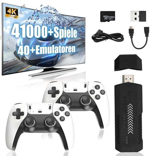 X2 Ultra Retro Spiel Stick 4K, Videospielkonsole mit 128 GB TF-Karte, 41000+ Retro-Spiele + 40 Emulatoren, 2,4-GHz Funkcontroller, Plug and Play Videospielstick für Fernseher/Monitor/Projektor (Weiß)