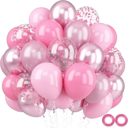 60 Stück rosa Ballon-Set, 30,5 cm, metallische, matte Perlen, Macaron-Konfetti, rosa Luftballons mit Band für Frauen, Geburtstag, Hochzeit, Prinzessin, Party-Dekorationen