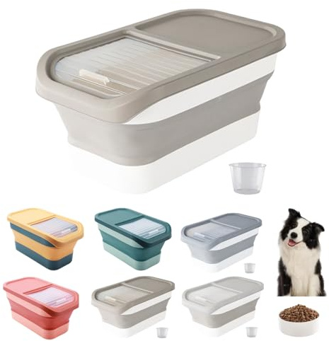 Almacenamiento de comida para perros, 12-15 kg, hermético, con tapa abatible, ruedas, caja de comida plegable para perros y gatos, contenedor de comida para perros con vaso medidor de hasta 30 libras
