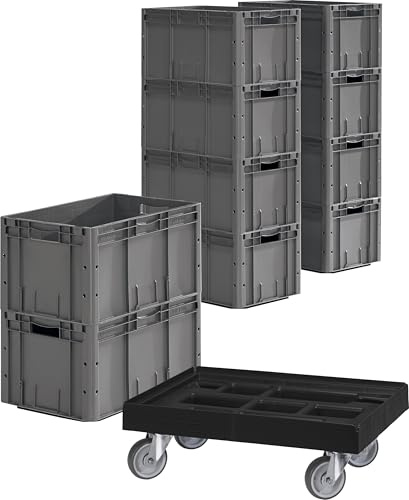 SCHÄFER SHOP Eurobox Set LTF 6320 – 10x Euro-Maß Kisten 60 x 40 x 32 cm, 62,7 l, ohne Deckel + gratis Rollrahmen 60 x 40 cm – stapelbare Lager- & Transportboxen