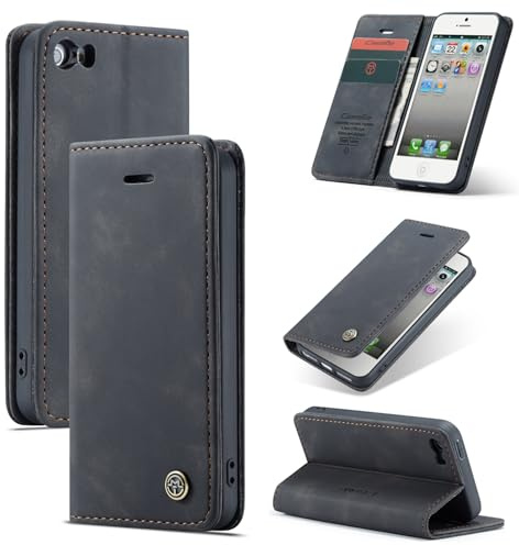 Ottcooed Handyhülle für iPhone SE (1.Gen 2016) /iPhone 5/iPhone 5S Hülle, Premium Leder Flip Case, Magnet Klappbar Klapphülle Tasche, Standfunktion Kartenfach Wallet Schutzhülle für iPhone 5S, Schwarz
