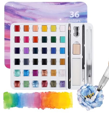 Huvqianu Aquarellfarben-Set, 36 Farben für kreative Kunst, Set mit Farben, Pinsel und Stiften für Anfänger, Erwachsene und Anfänger, Erwachsene, Klassenzimmer, Outdoor, Reisen, Café