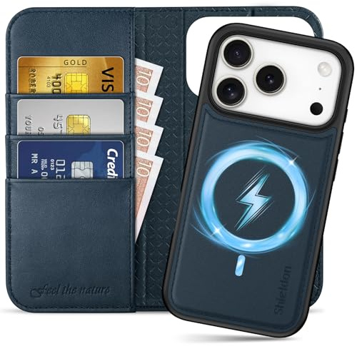 SHIELDON Abnehmbare Lederhülle für iPhone 17 Pro 6,3 5G, Marineblau | 2 IN 1 Handyhülle, Echtleder, Kabelloses Laden, RFID Blocker, Kartenfach, Magnetverschluss, Handy-Ösen